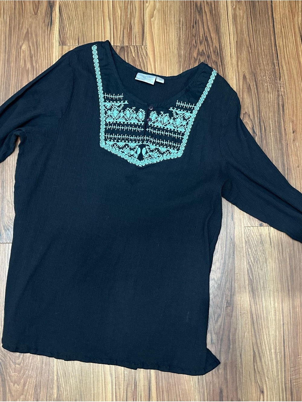 Avenue Black Tunic Top with Mint Embroidery